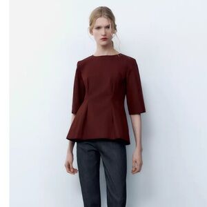 NWT Zara Structured Peplum Top in Deep Burgundy